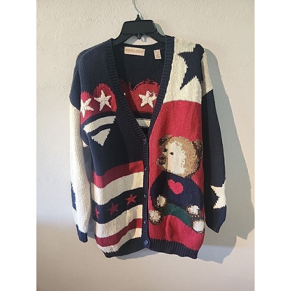VTG Sz M Marsh Landing Knit Sweater Bear Stars Patriotic Oversized Flag Stars